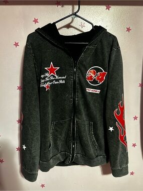 Black Hoodie Jacket with Red Flame & Star Graphics